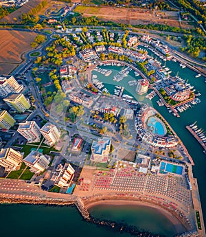 Aerial summer view from flying drone of large sea life center - Aquarium of Cattolica. photo