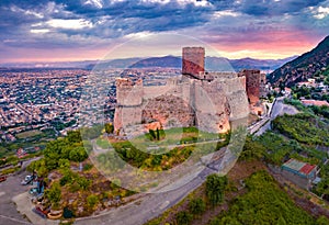 Aerial summer view of Lettere Castlle. Gloomy morning cityscape of Scafati town. photo