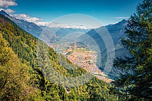 Aerial summer view of Martigny town. Sunny morning scene of Swiss Alps