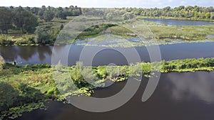 Aerial summer view to Desna river and forest