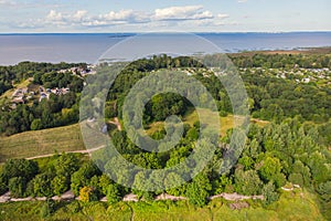 Aerial summer view of West Kotlin state nature reserve, ecological path trail with bird watching tower, Kotlin island, Kronstadt,