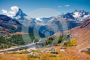 Aerial summer view of the Zermatt village valley.