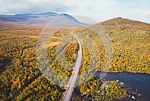 Aerial sunny fall autumn view of Abisko National Park, Kiruna Municipality, Lapland, Norrbotten County, Sweden, shot from drone, photo