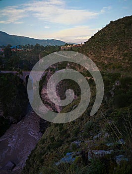 Aerial sunrise panoramic view to Colca river , Sabancaya mountain, Chivay, Peru