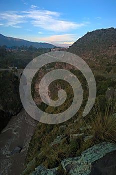 Aerial sunrise panoramic view to Colca river and Sabancaya mountain Chivay, Peru
