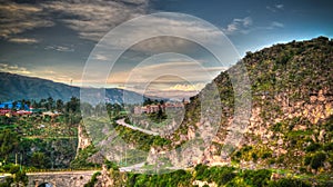 Aerial sunrise panoramic view to Colca river and Sabancaya mountain, Chivay, Peru