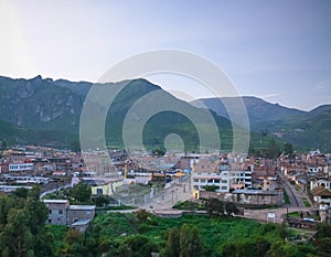 Aerial sunrise panoramic view to Colca river and Sabancaya mountain, Chivay, Peru