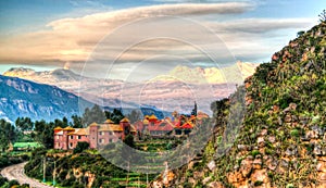 Aerial sunrise panoramic view to Colca river and Sabancaya mountain, Chivay, Peru