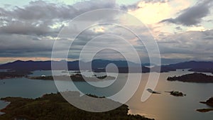 Aerial sunrise rotating in Kenyir Lake, Terengganu, Malaysia