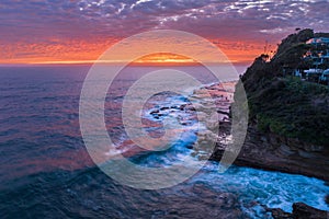 Aerial sunrise seacape with clouds and colour