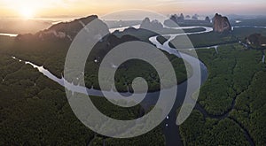 Aerial sunrise view of mangrove forest and mountain peak of Phang nga bay - Thailand