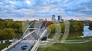 Aerial Sunrise View of Martin Luther King Bridge and Fort Wayne Skyline