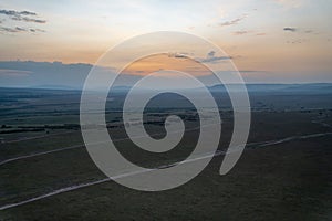 Aerial sunrise view of the Masaai Mara Reserve Kenya Africa