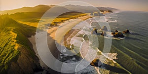 Aerial Sunrise View of Oregon State Beach, Enormous Rocks, Hillsides, Surf and Sand- Generative AI