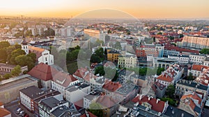 Aerial sunrise view with urban architectures in Opole city, Poland