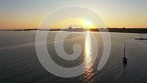 Aerial sunset in the Bay of Lemmer at the IJsselmeer in the Netherlands