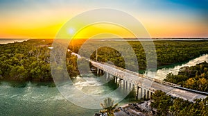 Aerial sunset with the bridge between Sugarloaf and Saddlebunch Keys