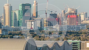 Aerial sunset cityscape with architecture of Dubai downtown timelapse, United Arab Emirates.