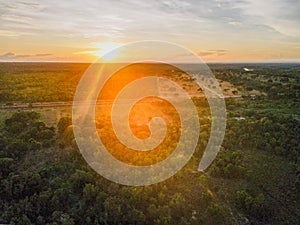 Aerial sunset landscape in the countryside during summer in Mato Grosso