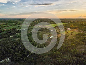 Aerial sunset landscape in the countryside during summer in Mato Grosso