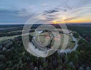 Aerial sunset landscape of Patriots Park baseball fields in Grovetown Augusta Georgia