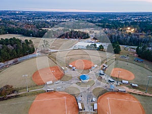 Aerial sunset landscape of Patriots Park baseball fields in Grovetown Augusta Georgia