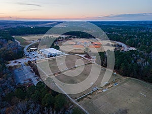 Aerial sunset landscape of Patriots Park baseball fields in Grovetown Augusta Georgia