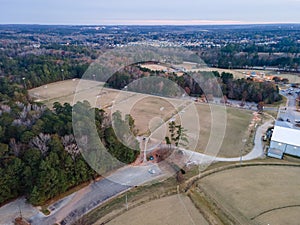 Aerial sunset landscape of Patriots Park fields in Grovetown Augusta Georgia