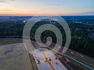 Aerial sunset landscape of Patriots Park fields and parking lot in Grovetown Augusta Georgia