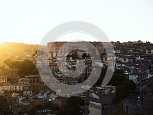 Aerial sunset panorama of historic medieval Toledo cityscape skyline at Tagus river in Castilla La Mancha Spain Europe