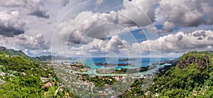 Aerial sunset panoramic view of Mahe coastline and Eden Island, Seychelles