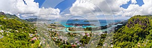 Aerial sunset panoramic view of Mahe coastline and Eden Island, Seychelles