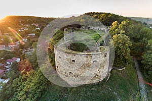 Aerial sunset summer view of Terebovlia castle on a hill in Terebovlia town, Ternopil region, Ukraine