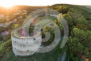 Aerial sunset summer view of Terebovlia castle on a hill in Terebovlia town, Ternopil region, Ukraine