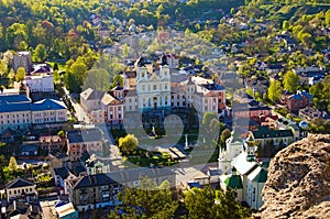 Aerial sunset view of ancient Saint Ignatius of Loyola and Stanislaus Kostka church former Jesuit Collegium