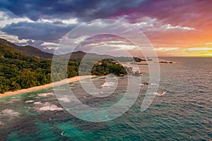 Aerial sunset view of Anse Severe Beach at the La Digue Island, Seychelles