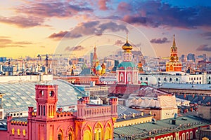 Aerial sunset view of the center of Moscow with Kremlin tower and other buildings. World famous Moscow landmarks for tourism and