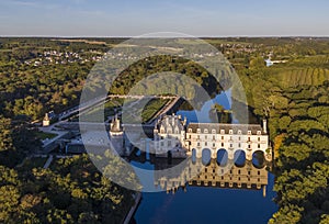 Aerial sunset view of Chenonceaux romantic castle, one of the best-known chateaux of the Loire valley, France