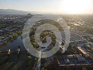 Aerial Sunset view of City of Plovdiv, Bulgaria