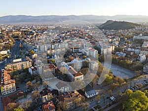 Aerial Sunset view of City of Plovdiv, Bulgaria