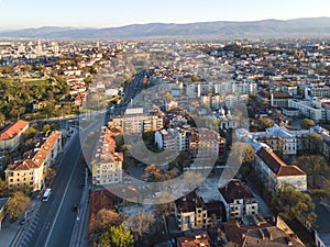 Aerial Sunset view of City of Plovdiv, Bulgaria