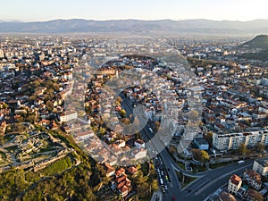 Aerial Sunset view of City of Plovdiv, Bulgaria