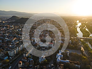 Aerial Sunset view of City of Plovdiv, Bulgaria