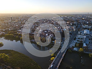 Aerial Sunset view of City of Plovdiv, Bulgaria