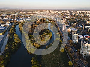 Aerial Sunset view of City of Plovdiv, Bulgaria