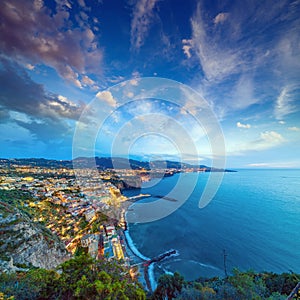 Aerial sunset view of coastline Sorrento and Gulf of Naples, Italy