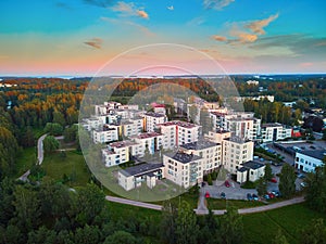 Aerial sunset view of Espoo, residential suburb of Helsinki, Finland