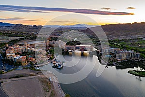 Aerial sunset view of the Lake Las Vegas Resort