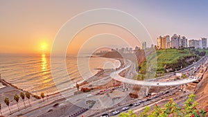 Aerial sunset view of Lima`s Coastline in the neighborhood of Miraflores timelapse, Lima, Peru