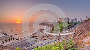 Aerial sunset view of Lima's Coastline in the neighborhood of Miraflores timelapse, Lima, Peru